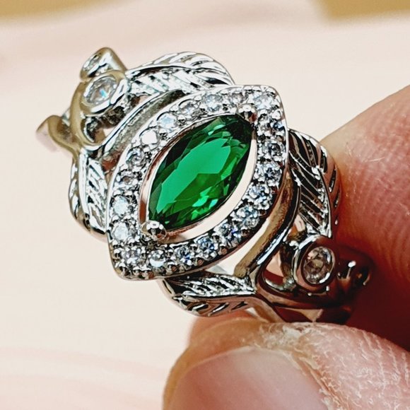❤Emerald Marquis Gem Leaf Weave Silver Noble Rings for Women, MARR9098 - Picture 3 of 8